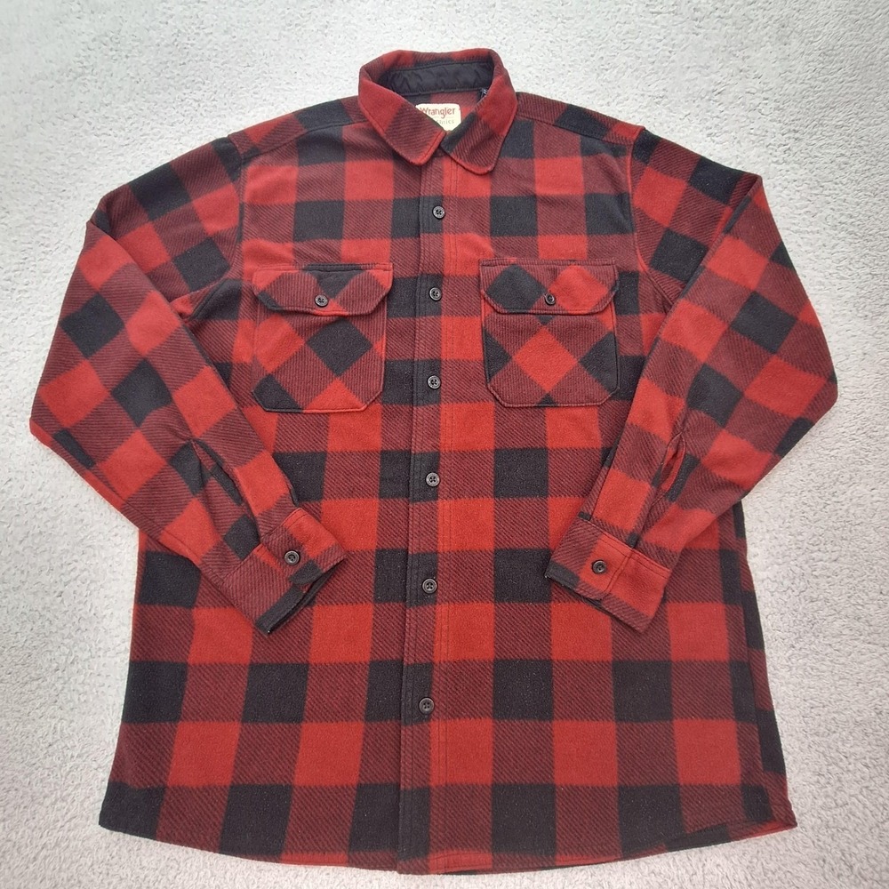 Wrangler Authentics Shirt Mens Medium Red Black Buffalo Plaid Fleece‎ Button Up